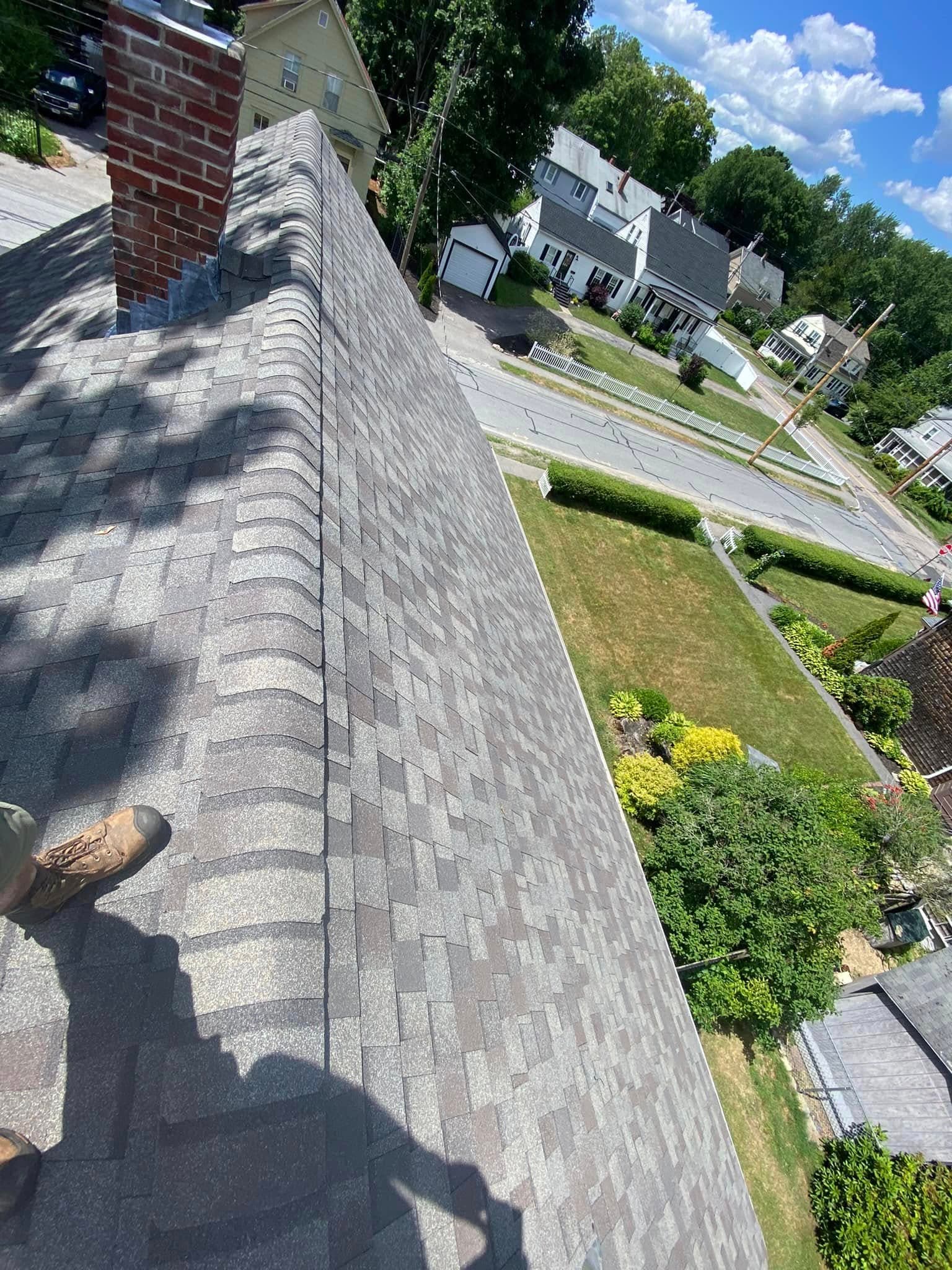 Aerial view of completed architectural shingle roof